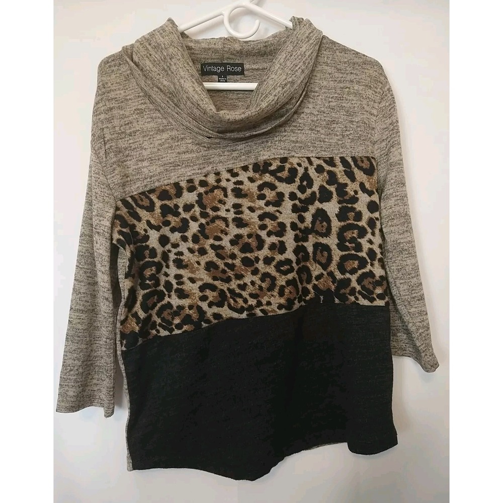 Vintage Rose Animal Print Cow Neck 3/4 Sleeve Women's Shirt Small